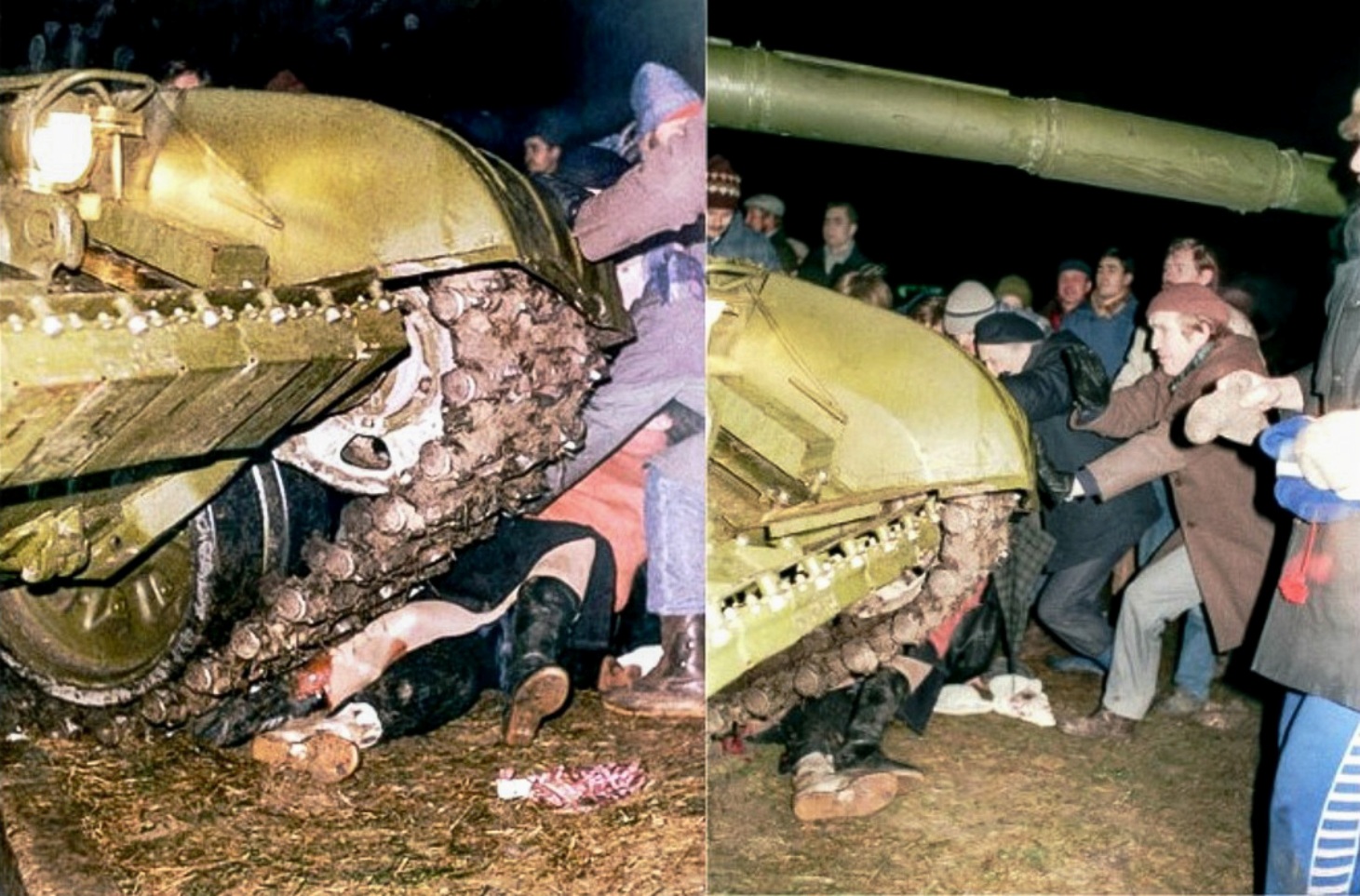 Постановочные наезды танка для фото, призванного показать всему миру «зверства советских военных в Вильнюсе». При этом ни одной жертвы, раздавленной танками, так и не обнаружилось